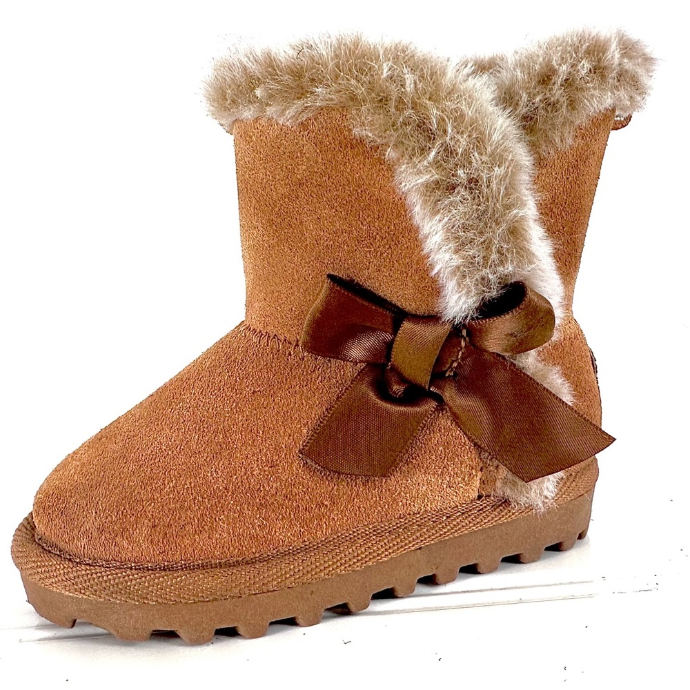 Children’s BEAR PAW Suede Brown Faux Fur Trimmed Boot with Bow Size 4